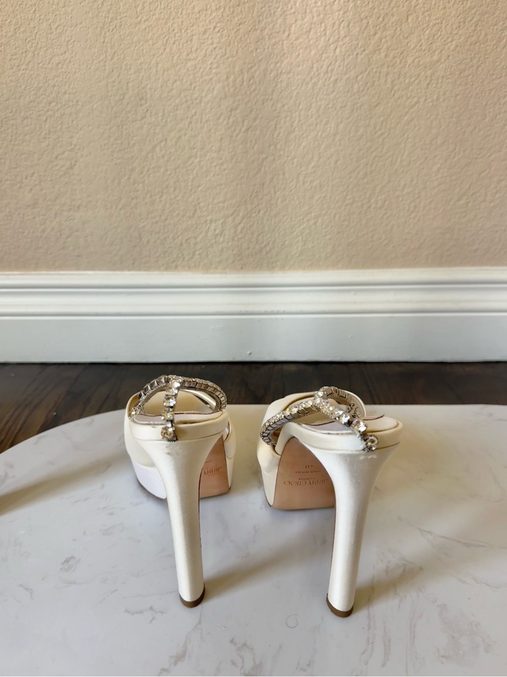 Jimmy Choo White Platform High Heel Sandals with Rhinestone Ankle Chain - Picture 8 of 16